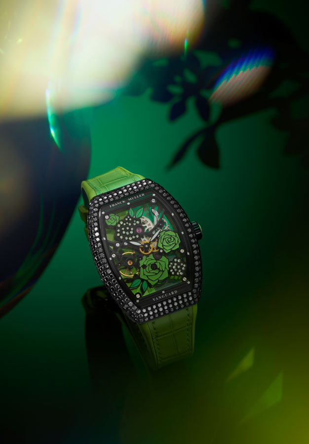 Franck Muller Vanguard Rose Skeleton black diamonds green