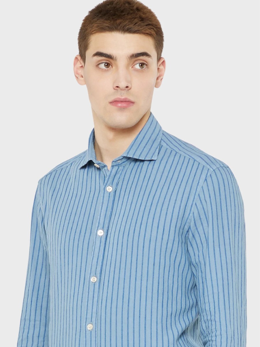 Boglioli Sky blue and blue striped cotton and linen shirt