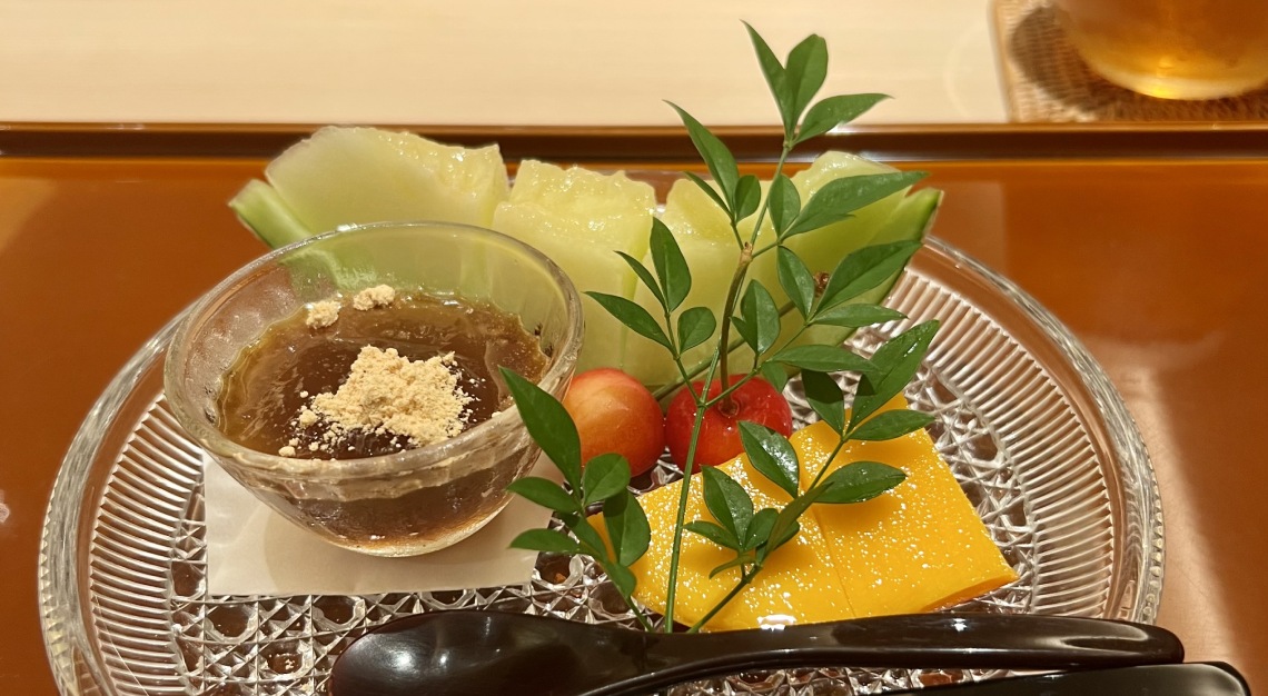 Miyazaki mango, Shizuoka melon and Warabi Mochi. Sushi Sato