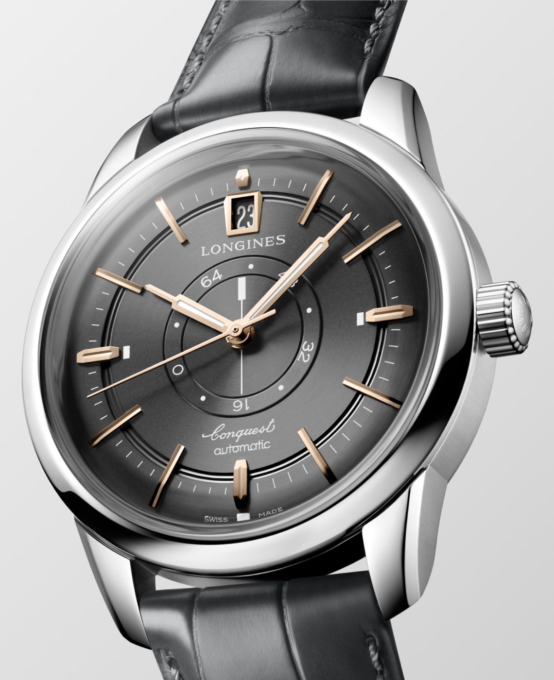 angled view of the Longines Conquest Heritage Central Power Reserve