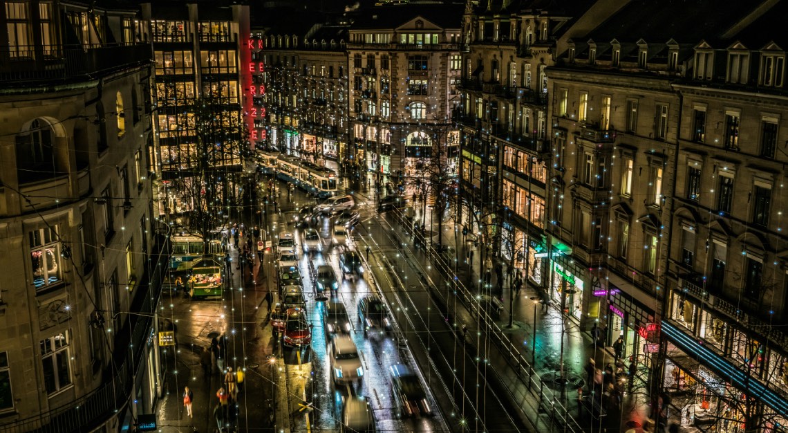 Zurich's banhofstrasse at night