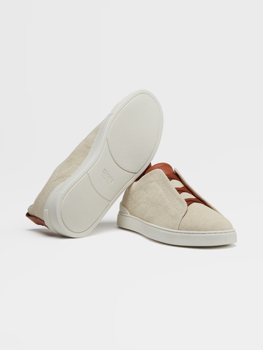 Zegna Light Beige Canvas Triple Stitch Low Top Sneakers