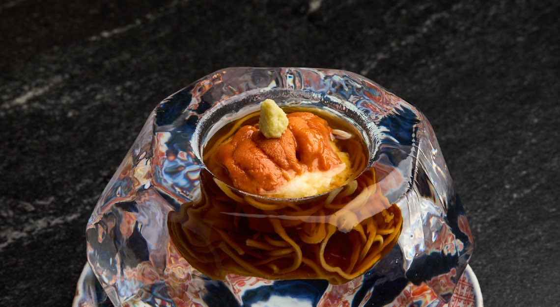 Iced 福井県 Fukui soba with Hokkaido Uni and Japanese Yam (Yamaimo) served in a dashi soup flavoured with Fukui soya sauce.