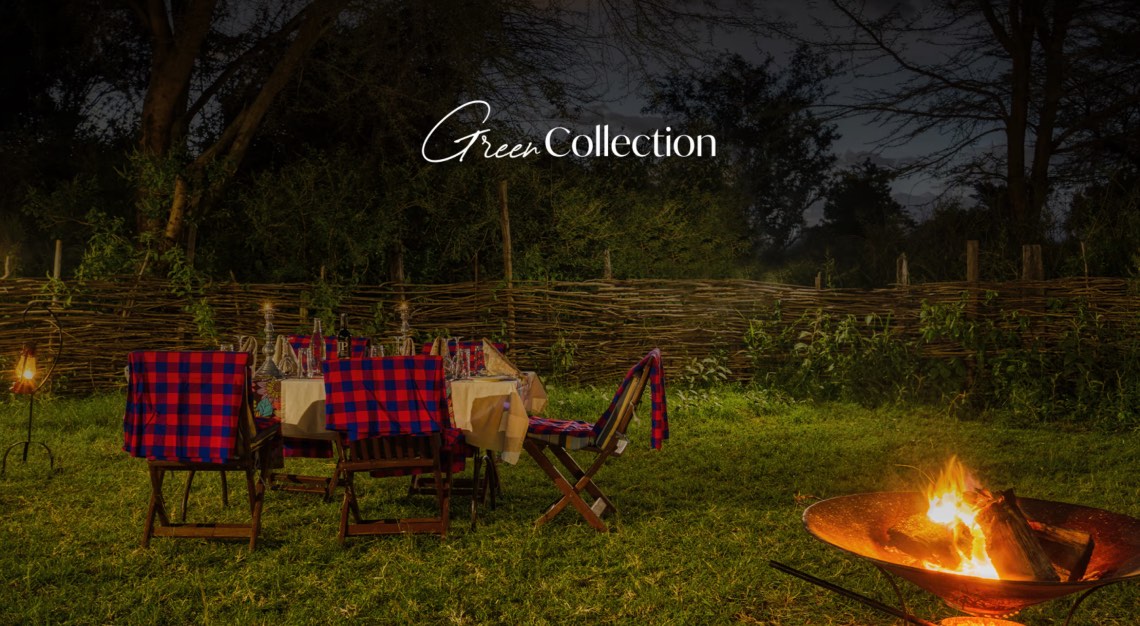 two chairs and a table near a campfire with the words Green Collection near the top of the image, a perfect option for Earth Day 2024