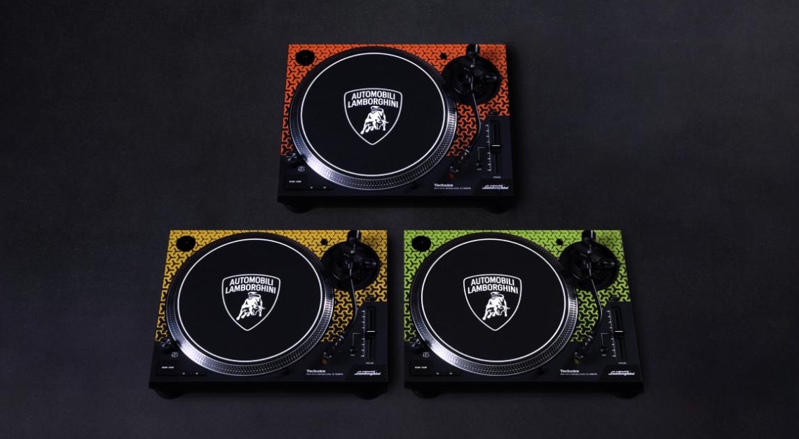 three lamborghini and technics turntable in different colours